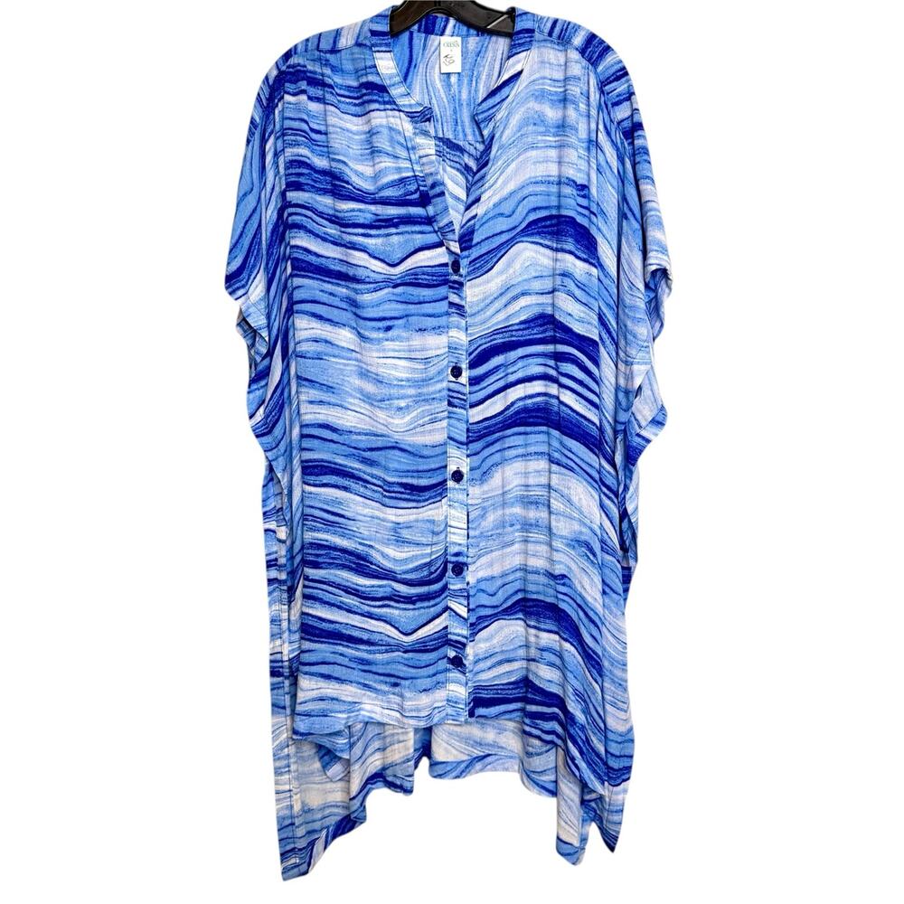 Outdoor Oasis Blue Abstract Coastal Loose Beach Boho Cover-Up Tunic Button Down